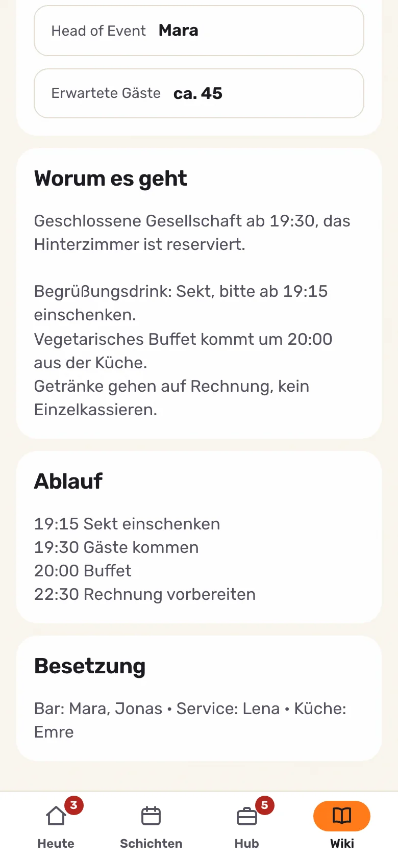Das Briefing zu einer Firmenfeier am Handy: worum es geht, der Ablauf und wer eingeteilt ist.