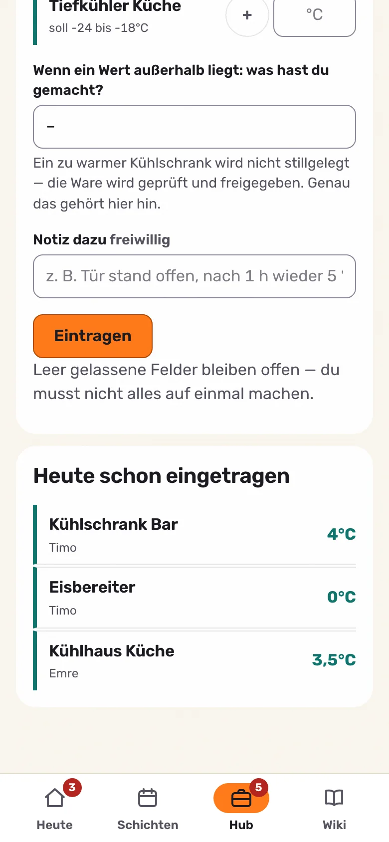 HACCP am Handy: Temperaturen eintragen und sehen, was heute schon erfasst ist.